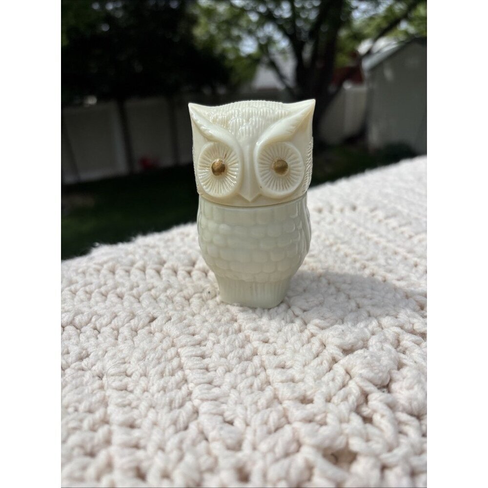 Vintage 1970 Avon Owl with Gold Color Roses Eyes Cream Sachet Milk Glass Bottle